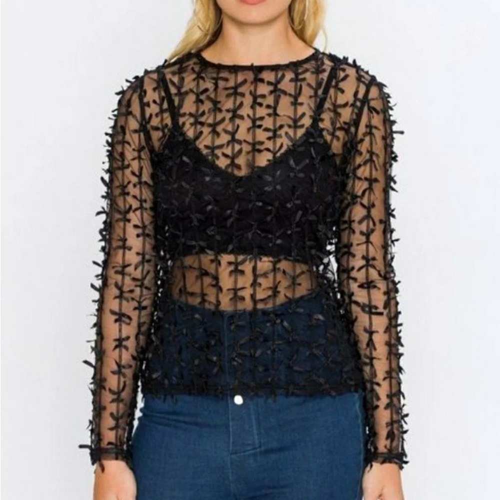 ZARA Sheer Bow Mesh Long Sleeve Crew Neck Layering Top in Size M HOLIDAY PARTY
